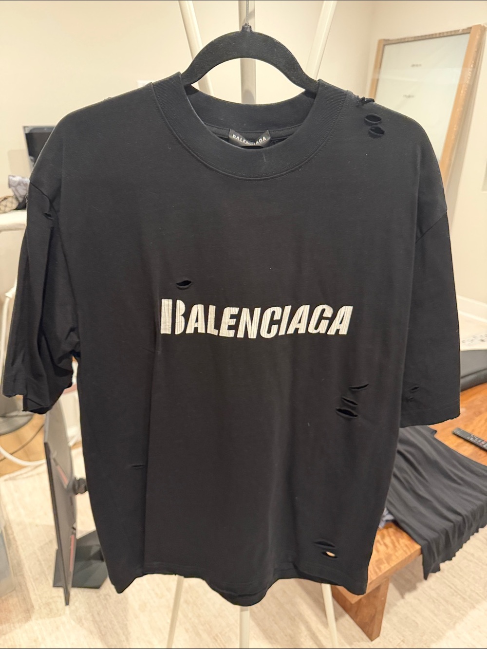 Balenciaga Black Short-Sleeve Distressed Logo Tee